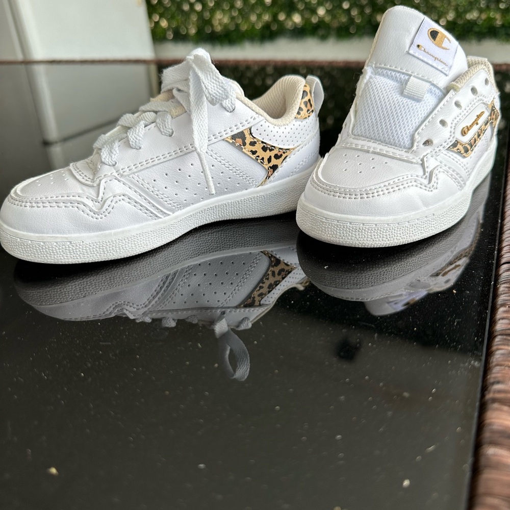 Champion Kids White Sneakers with Leopard Accent